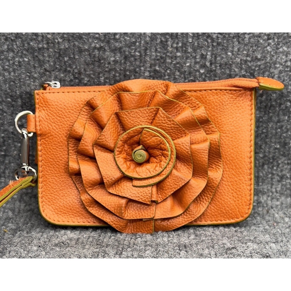 ILI New York Bag Genuine Leather Rosette Rose Orange Wallet Clutch Small